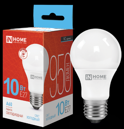 Лампа светодиодная 10,0W Е27 Led 6500К груша холодный свет IN HOME